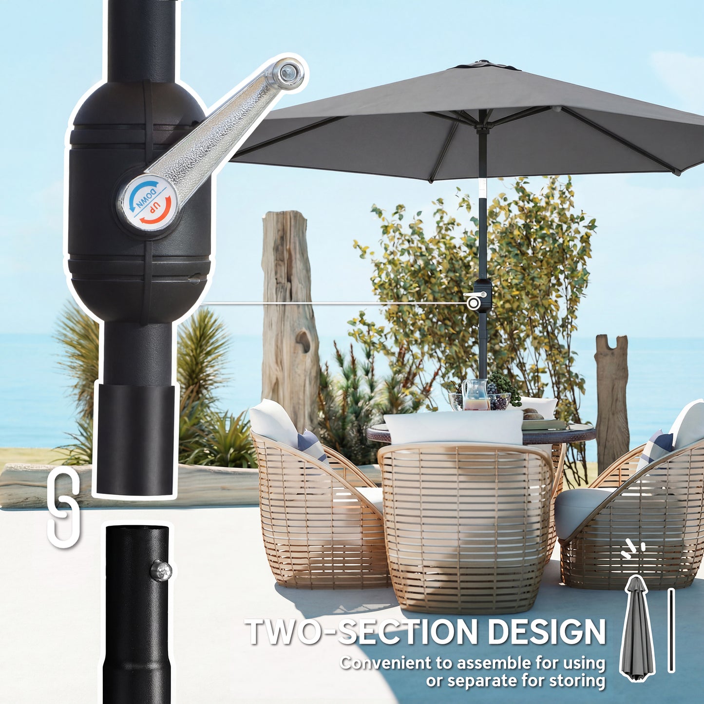 Outsunny 2.6m Garden Parasol Umbrella With Aluminium Pole Outdoor Patio Umbrella With Tilt And Crank Vent Grey