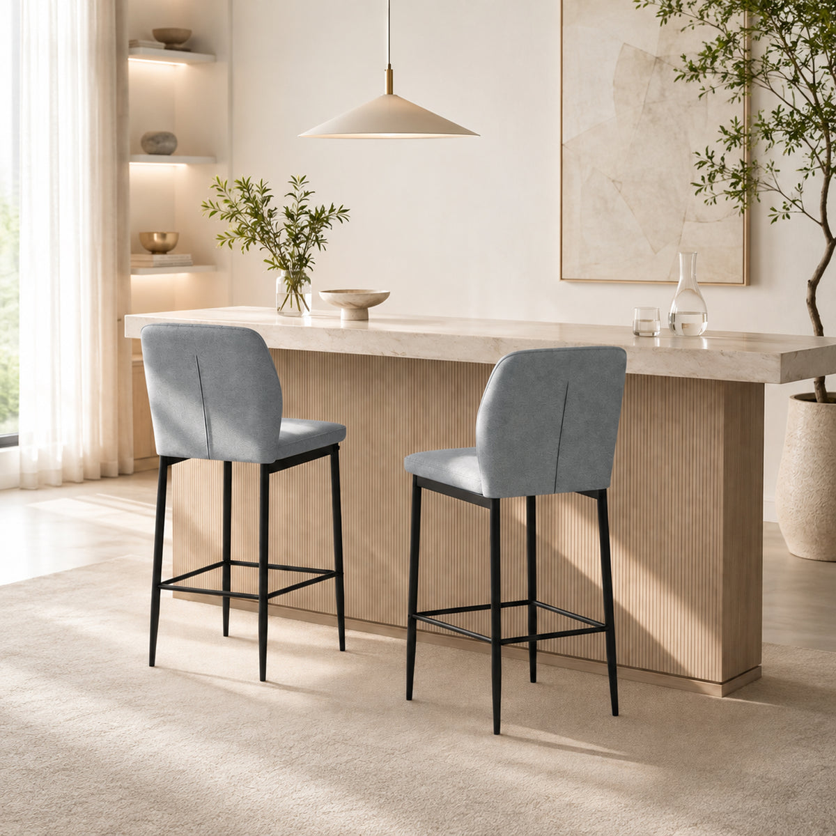 HOMCOM Velvet Bar Stools Set Of 2 With Footrest And Backrest Grey