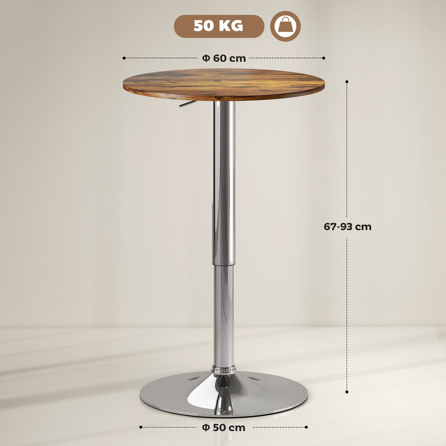 HOMCOM Round Bar Table With 360 Degree Swivel And Adjustable Height For Kitchen Cafe Rustic Brown