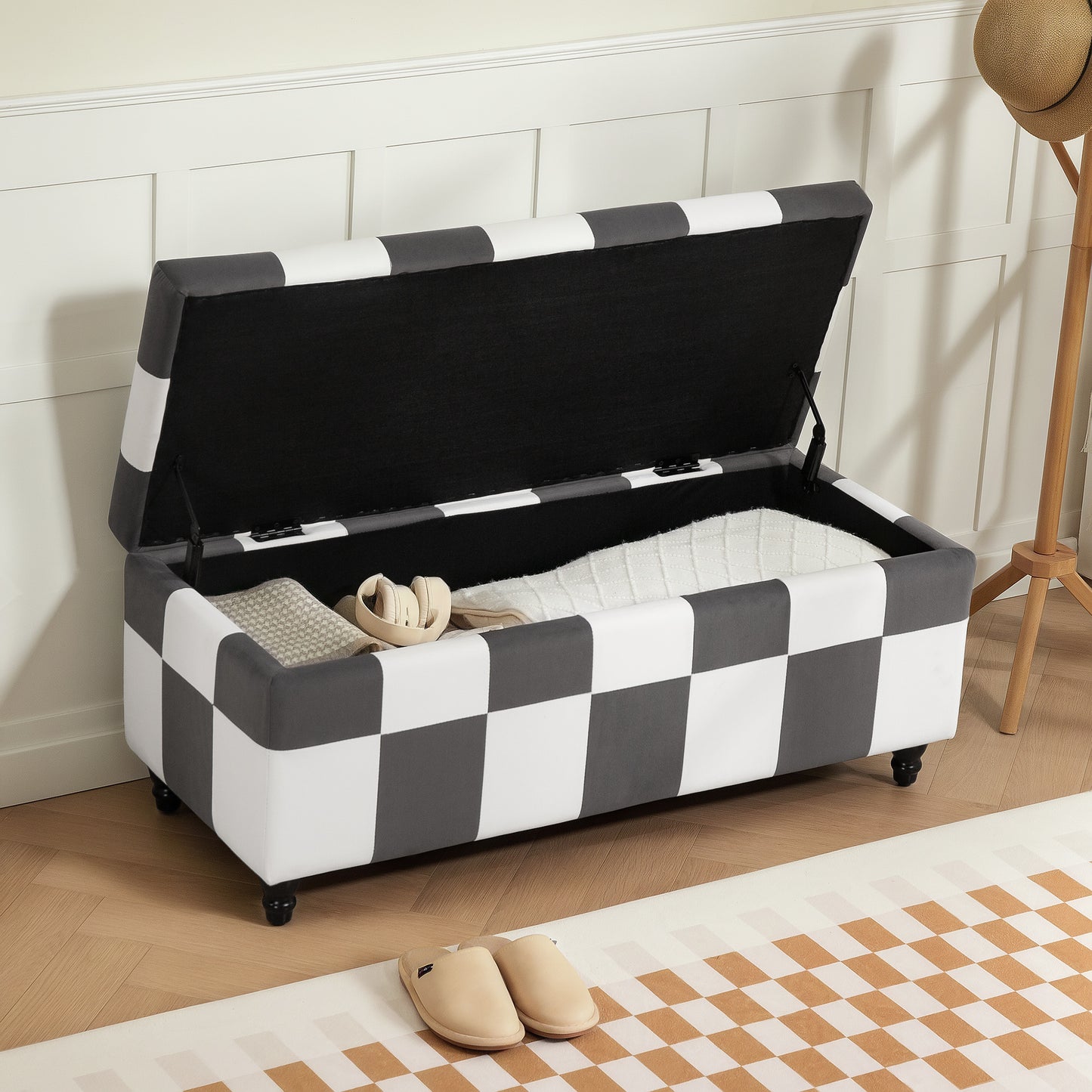 HOMCOM Storage Ottoman Bench With Wood Legs Velvet Surface Dark Grey White 114 x 47 x 47 cm