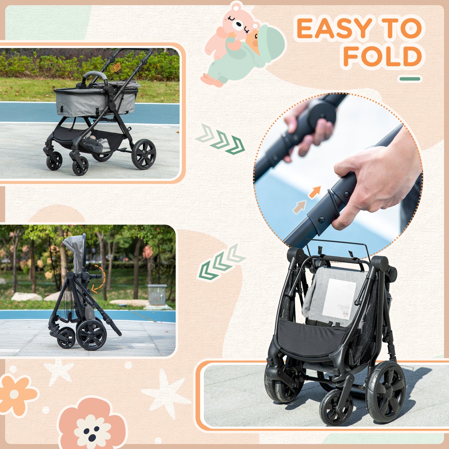 HOMCOM 2-in-1 Lightweight Pushchair with Reversible Seat and Fully Reclining Design for Infants to Toddlers, Grey - ALL4U RETAILER LTD