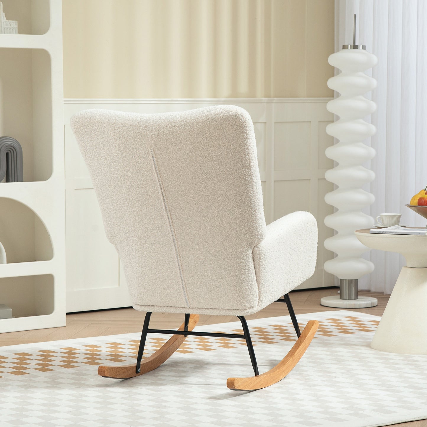 HOMCOM Teddy Fleece Rocking Chair Cream White With High Density Foam Upholstery And Gentle 90 To 115 Degree Sway