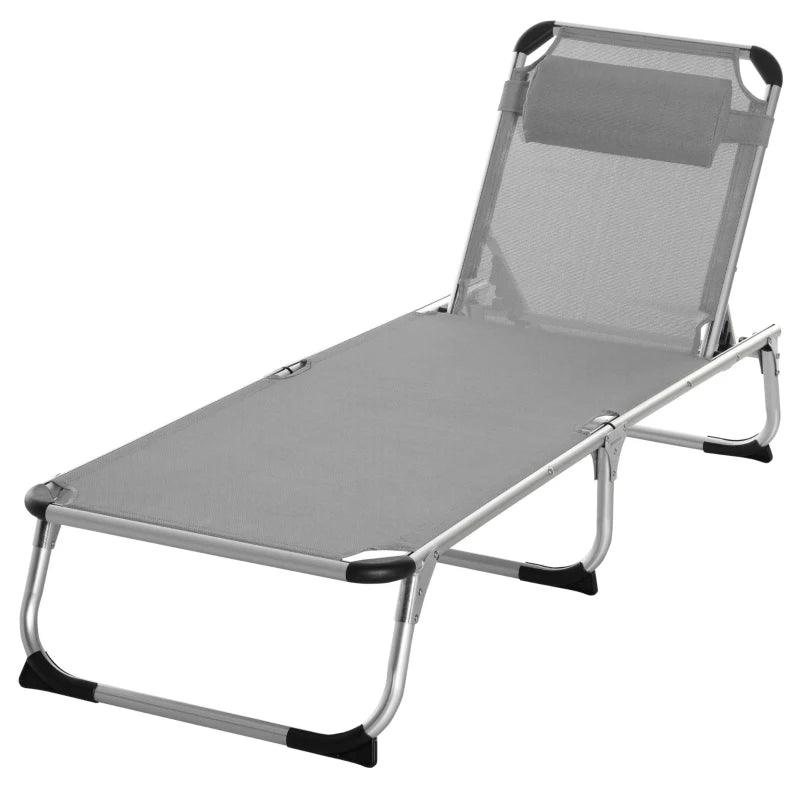 Outsunny Foldable Reclining Sun Lounger Lounge Chair with Pillow - 4-Level Adjustable Back, Aluminium Frame, Grey - ALL4U RETAILER LTD