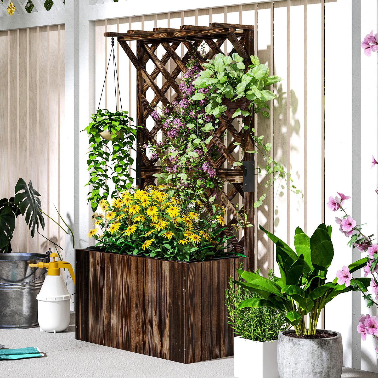 Outsunny Wooden Planter With Trellis Freestanding Raised Garden Bed Drainage Holes Liner For Vegetables And Herbs