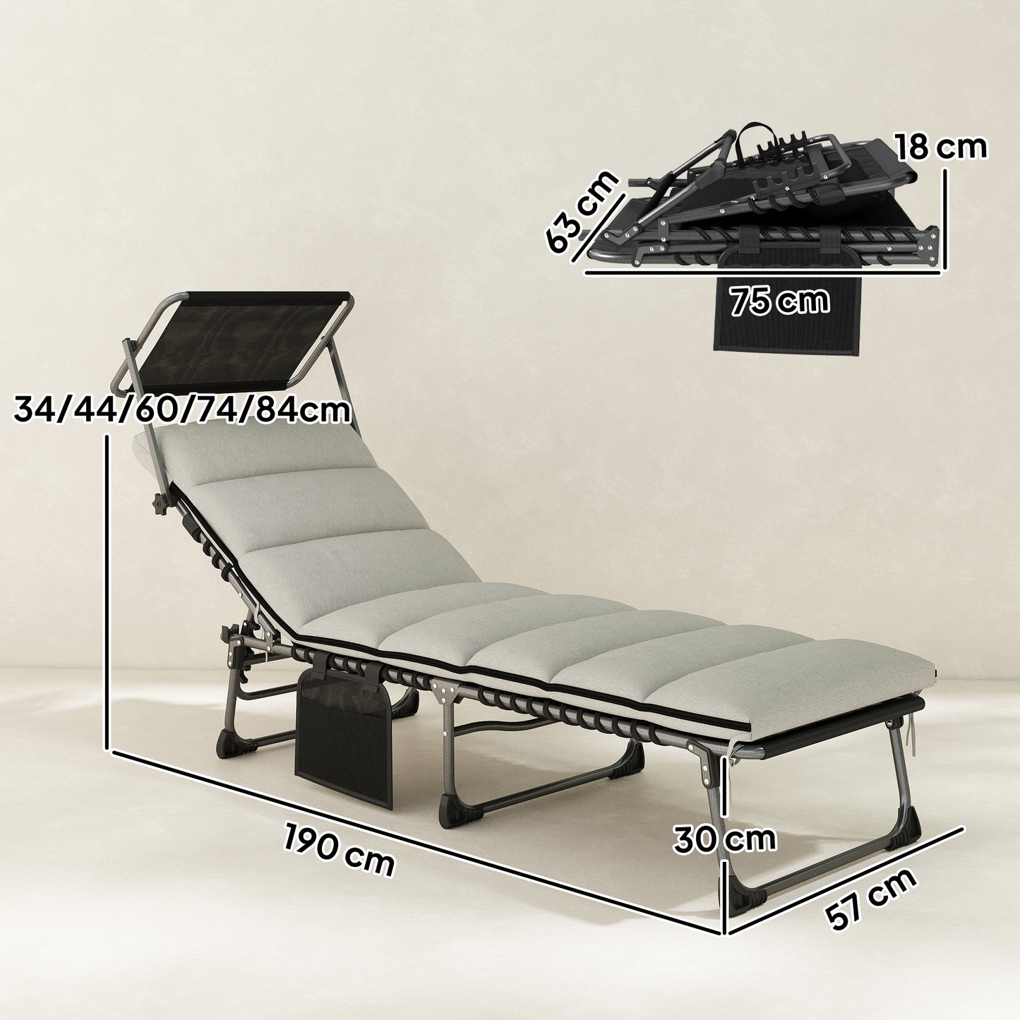 Outsunny Folding Sun Lounger With Canopy, Reclining Sunbed With Cushion And Side Pocket, Carrying Handle, Light Grey