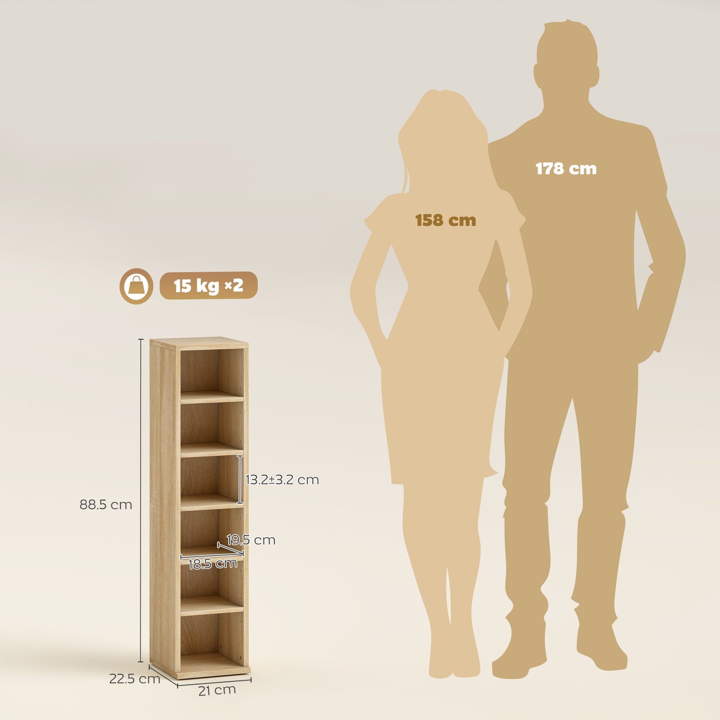 HOMCOM Set Of 2 CD Media Display Shelf Unit Tower Racks With Adjustable Shelves Oak Finish