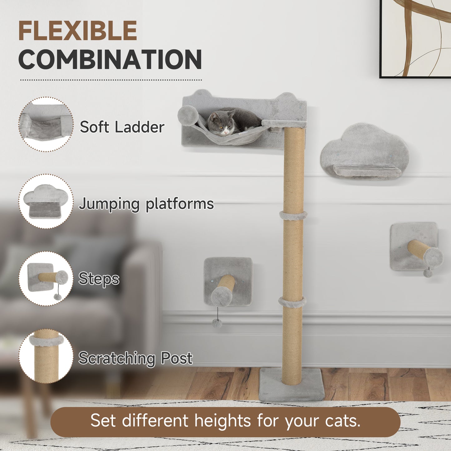 PawHut Indoor Cat Wall Shelf Set with Scratching Post, Steps, Jump Platform, and Toy Balls - Light Grey