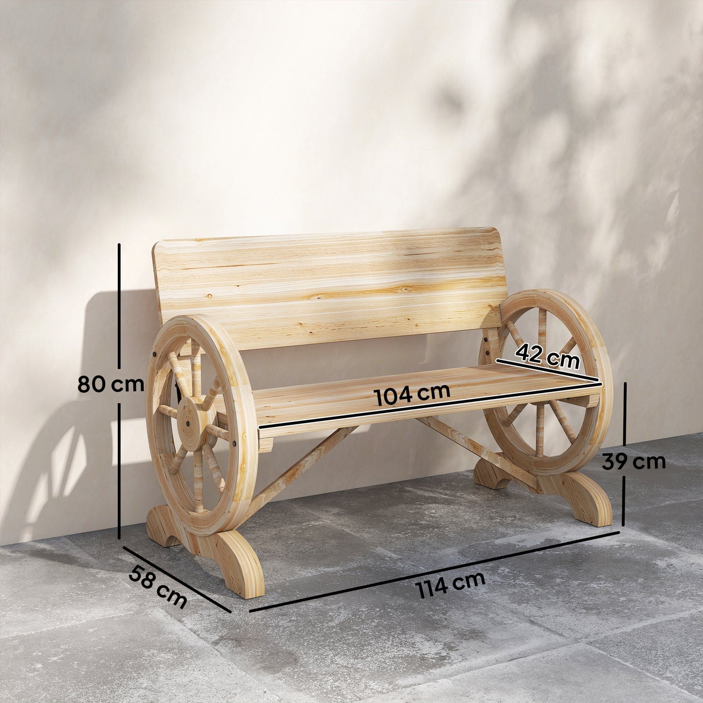 Outsunny Fir Wood Two Seater Wagon Wheel Bench For Outdoor Garden Patio Natural Finish Supports Up To 250 Kg
