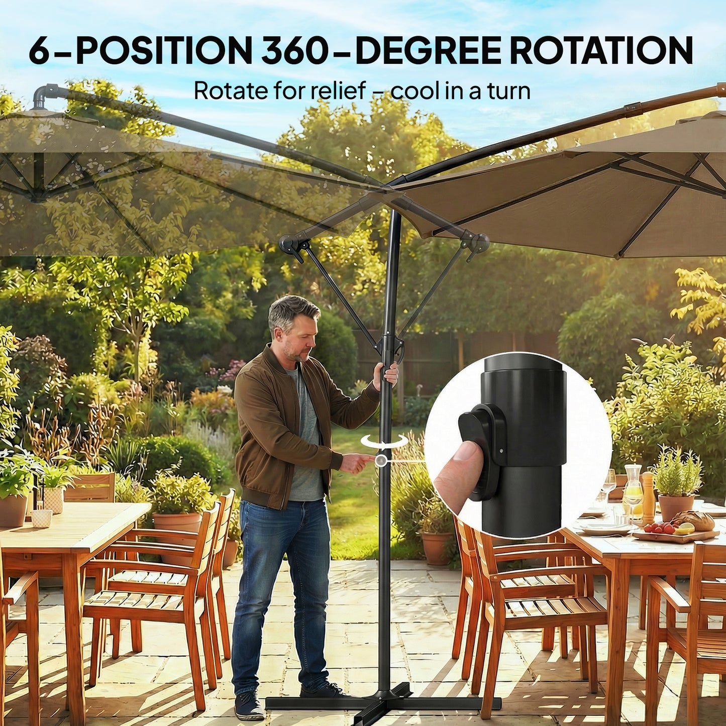 Outsunny 3 m Cantilever Garden Parasol With Cover Base 360 Degree Rotation Tilt Khaki Umbrella