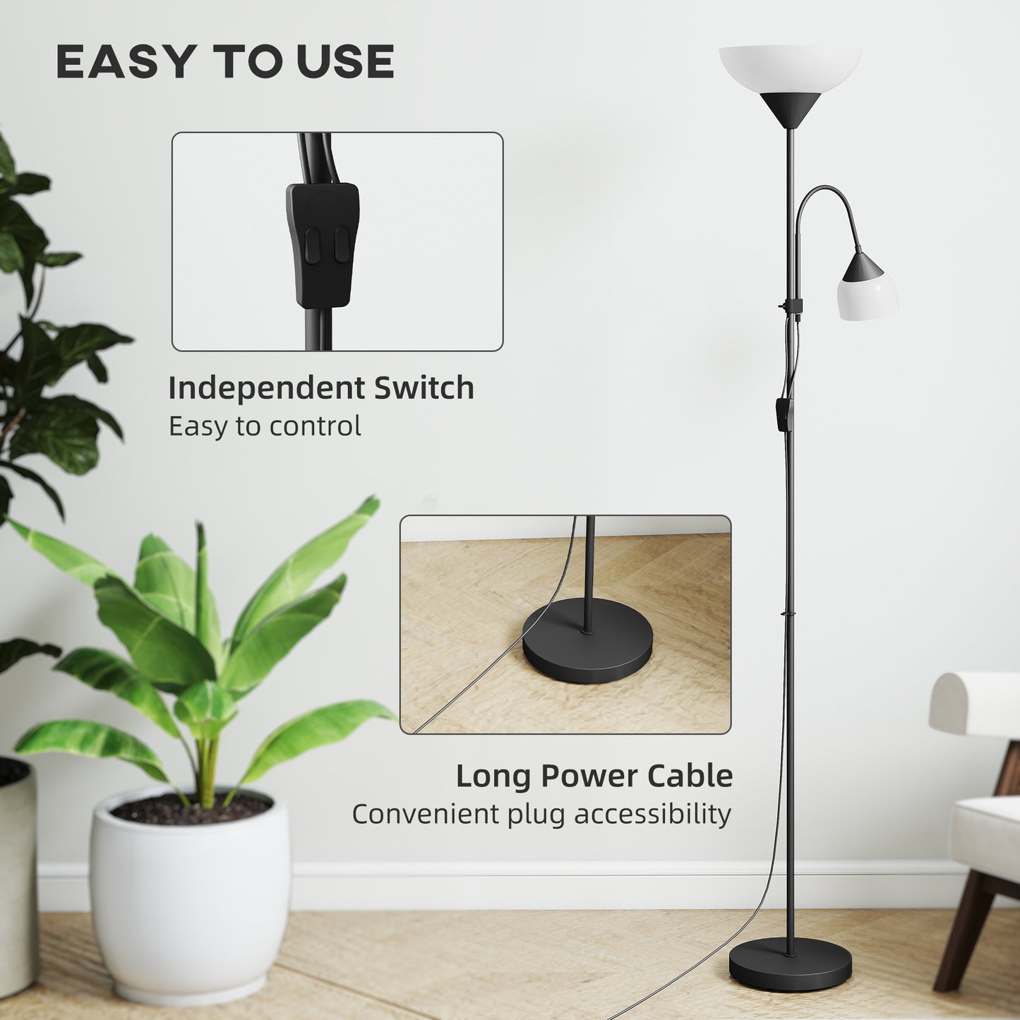 HOMCOM LED Floor Lamp For Living Room With Adjustable Gooseneck Dual Lights Mother And Child Uplighter Black 180cm
