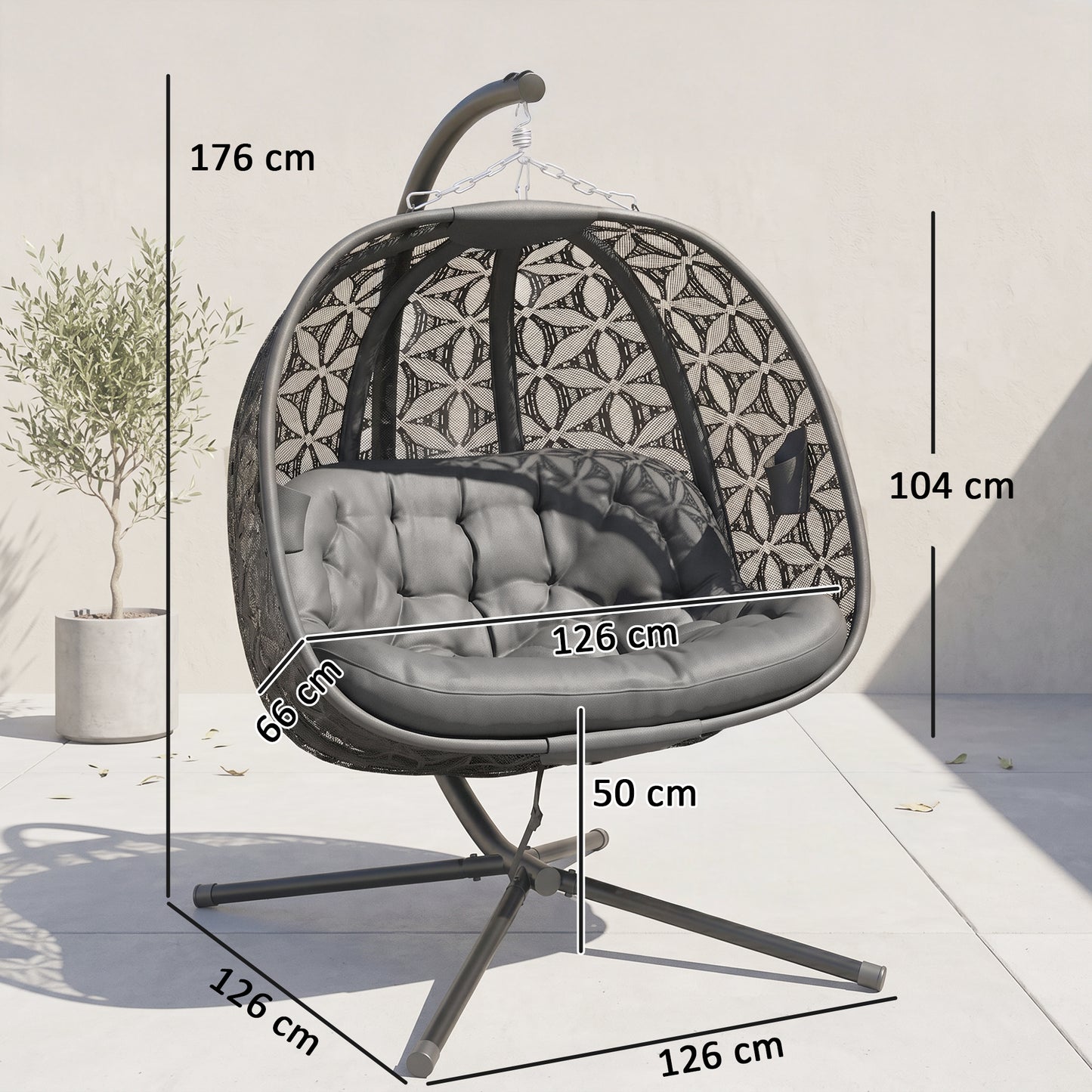 Outsunny Outdoor Double Hanging Chair With Cushion And Cup Holders Charcoal Grey