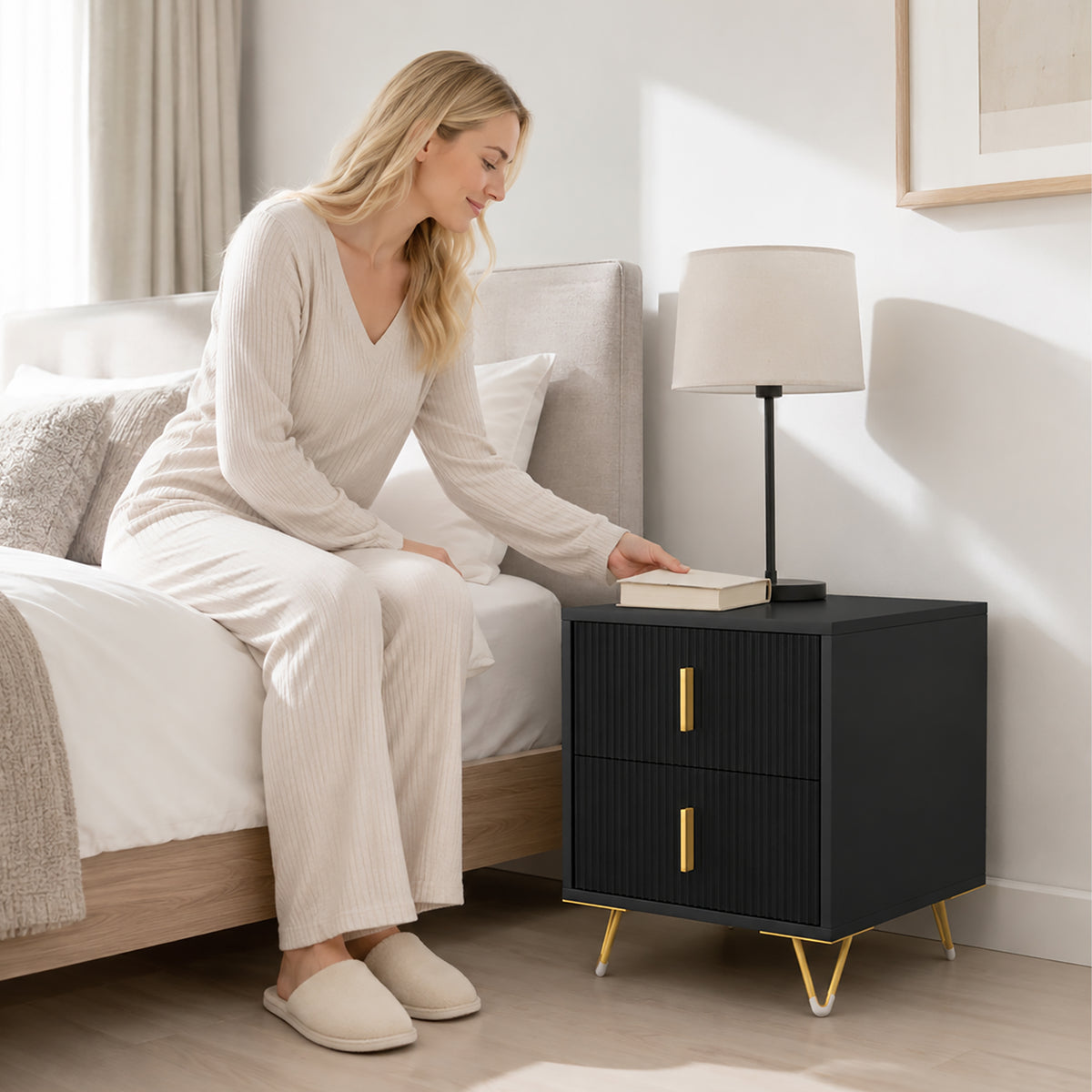 Homcom Elegant Fluted Bedside Table With Two Drawers And Gold Handles