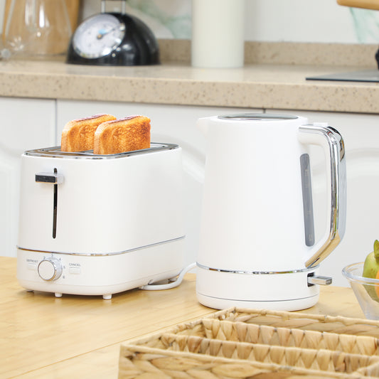 HOMCOM Kettle and Toaster Set 1.7L 3000W Boil Kettle and 2 Slice Toaster White with 6 Browning Levels Defrost Reheat
