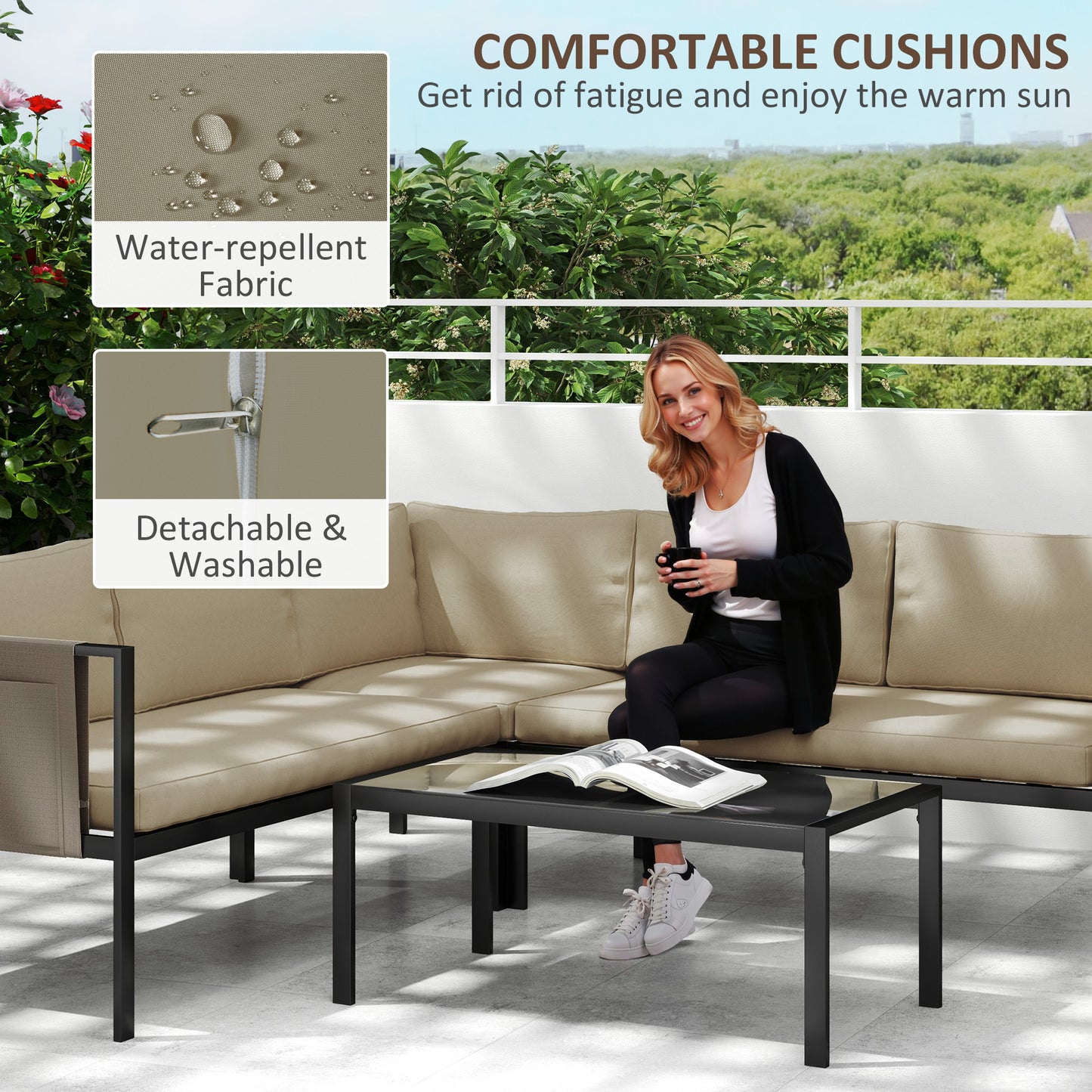 Outsunny 5 Seater Garden Corner Sofa Set 4 Pieces Outdoor Metal Furniture With Glass Top Table Cushions Khaki