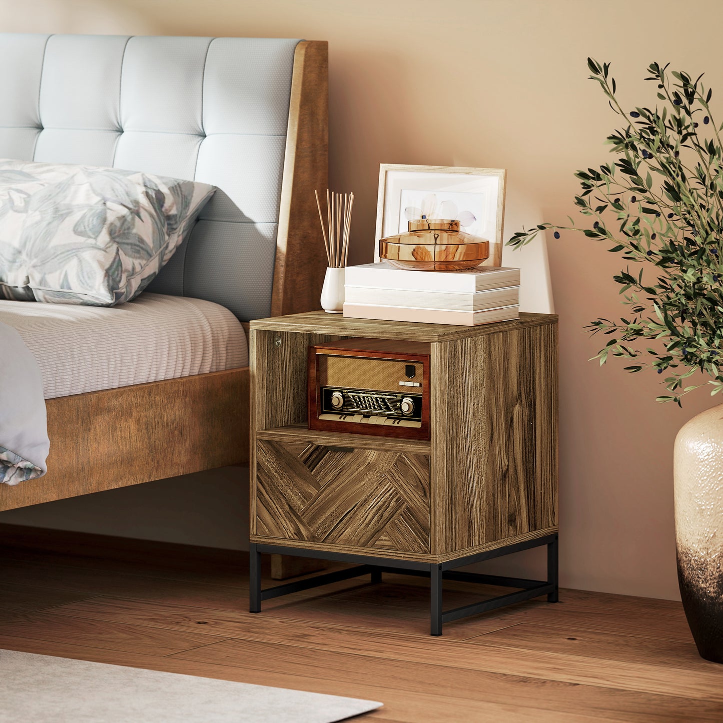 HOMCOM Bedside Table With Drawer And Open Shelf, Steel Leg End Table For Bedroom And Living Room, Brown Wood Effect