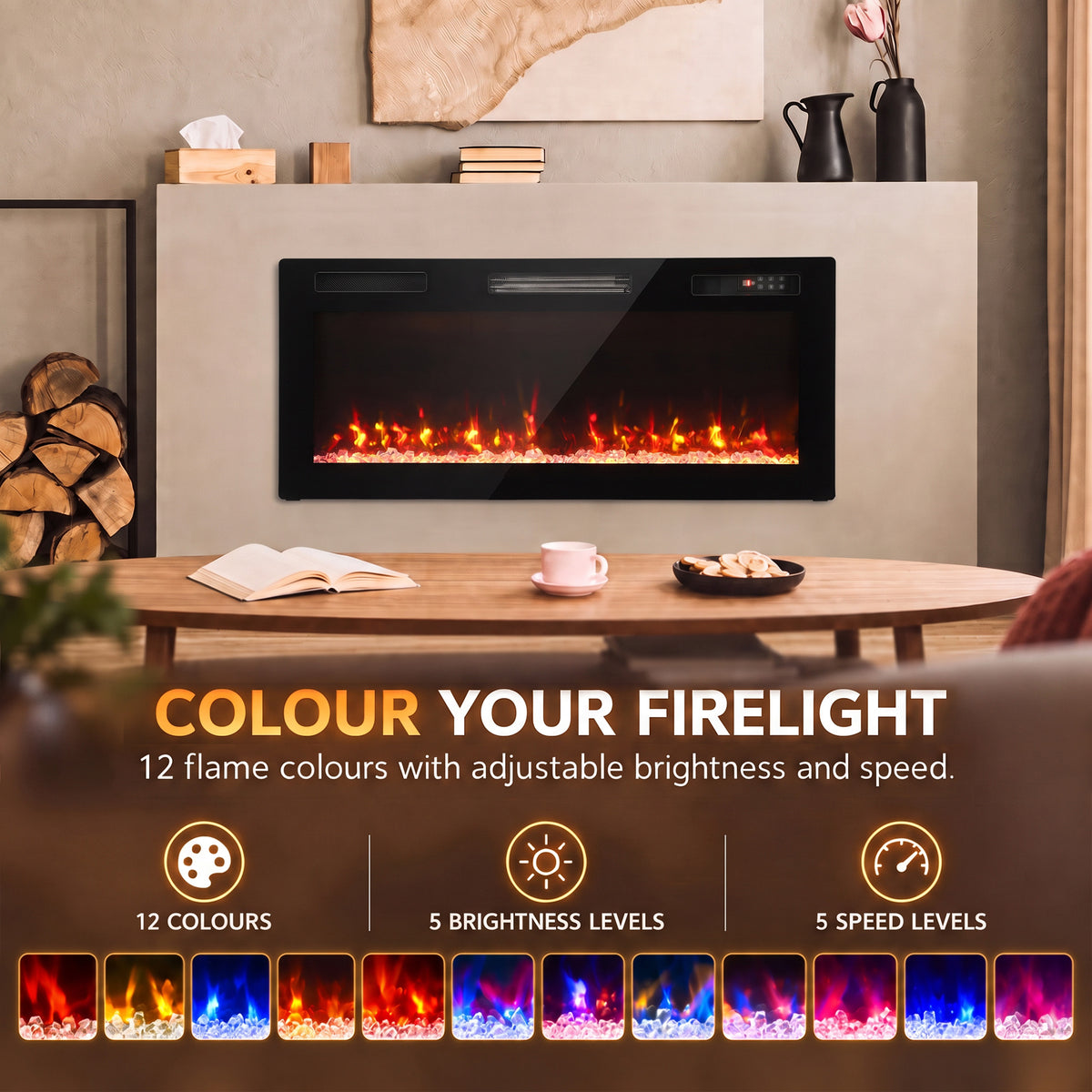 Electric fireplace with black viewing screen and flame color options panel