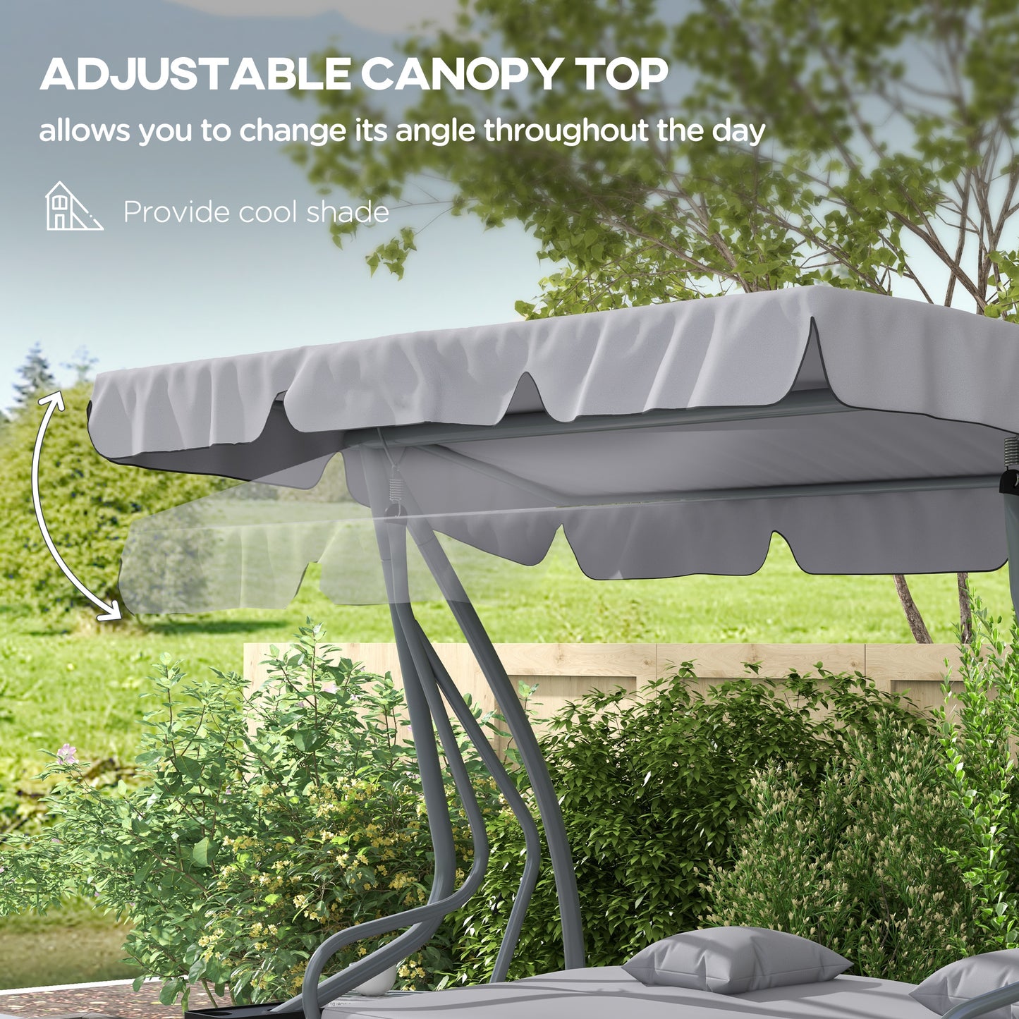 Outsunny Three Person Garden Swing Chair With Adjustable Canopy Light Grey Powder Coated Steel