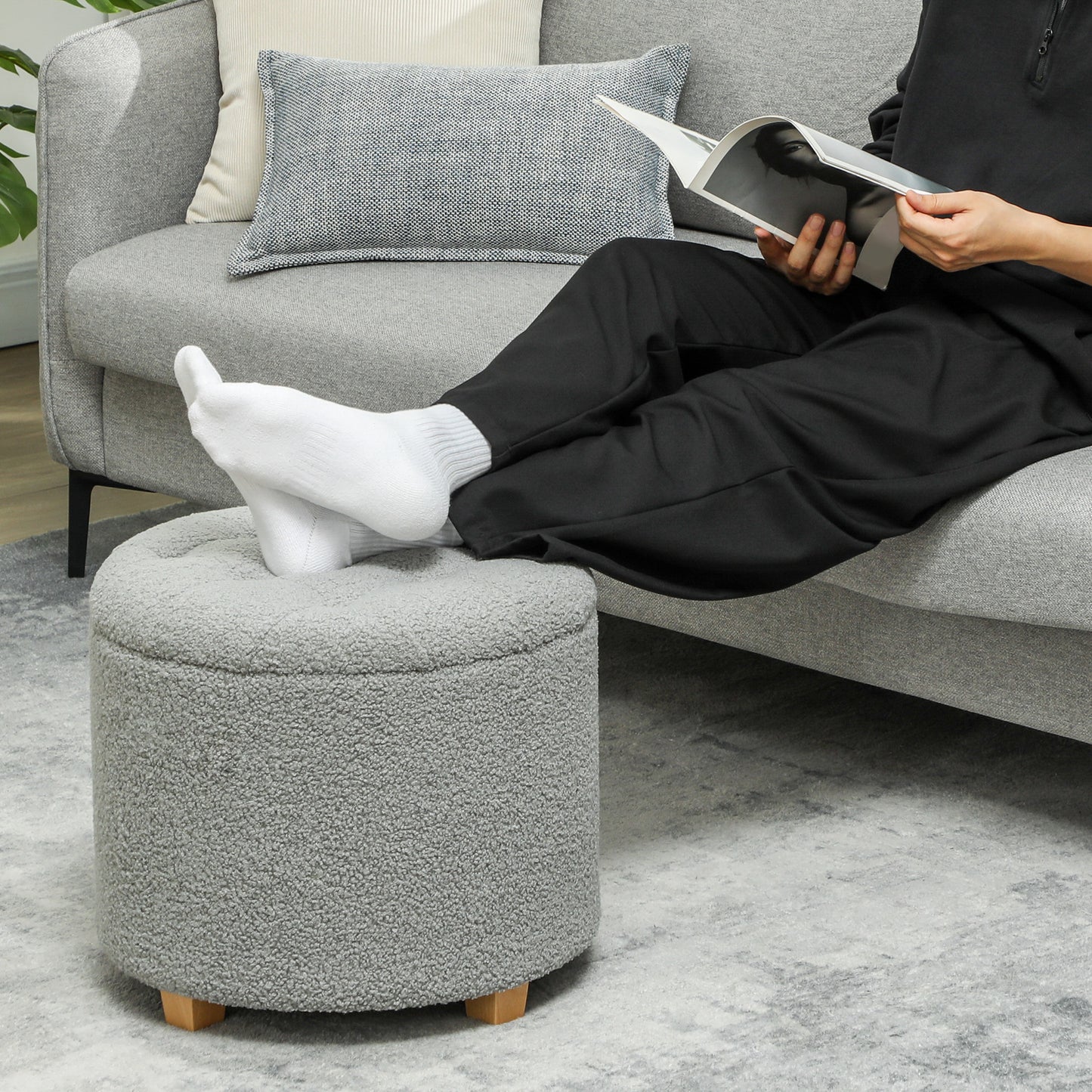 HOMCOM 40.5L Teddy Fleece Storage Ottoman Grey with Button Tufted Lid for Cozy Seat and Storage
