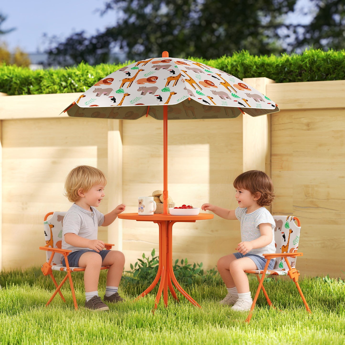 AIYAPLAY Kids Picnic Table Set With 2 Folding Chairs And Umbrella Orange Outdoor Table And Chair Set For Children