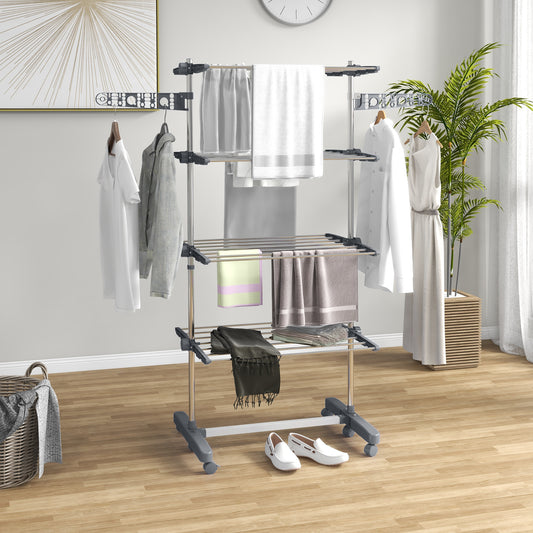 HOMCOM Foldable 4-Tier Clothes Drying Rack with Wheels & Adjustable Wings - Stainless Steel Laundry Airer - ALL4U RETAILER LTD