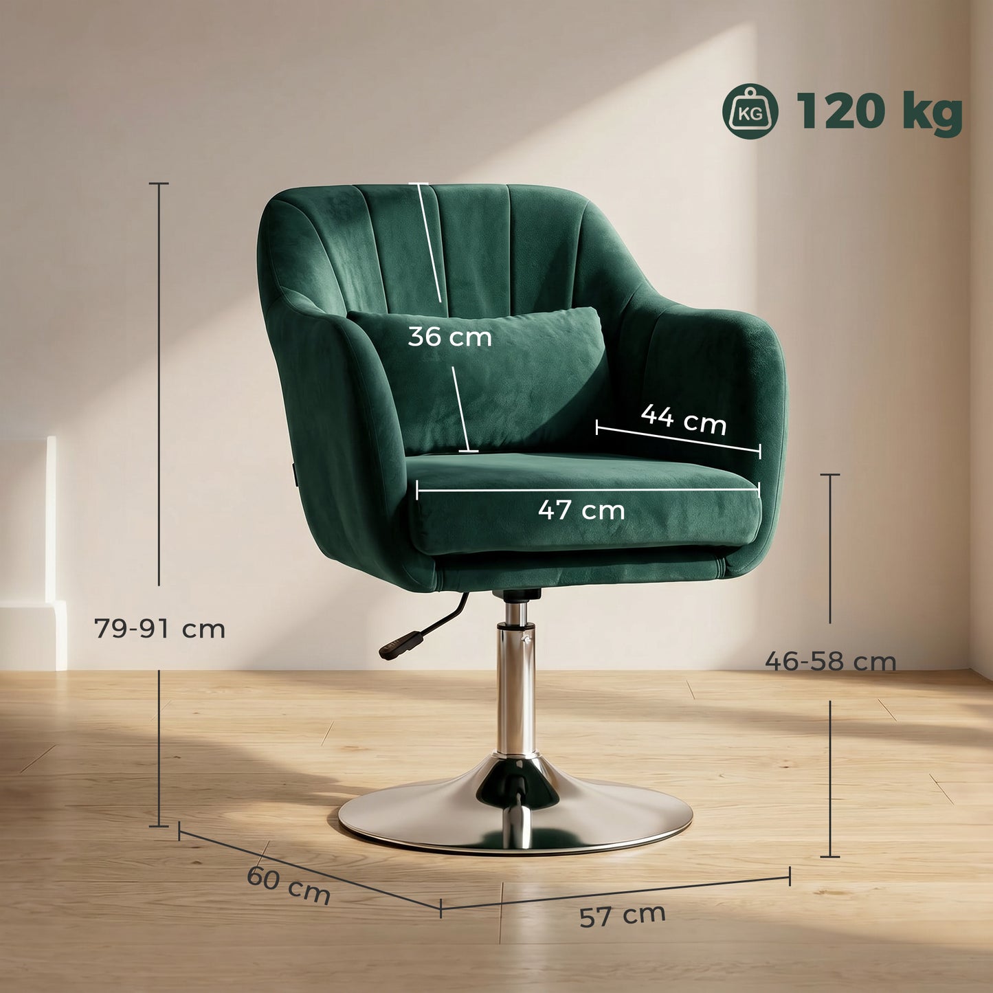 HOMCOM Retro Velvet Swivel Tub Chair With Steel Frame Cushioned Seat Dark Green Modern Lounge