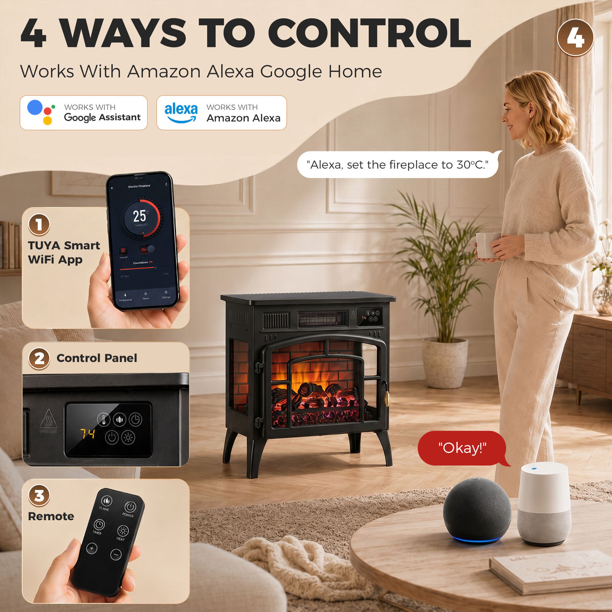 Smart black electric fireplace stove with three-sided glass flame control