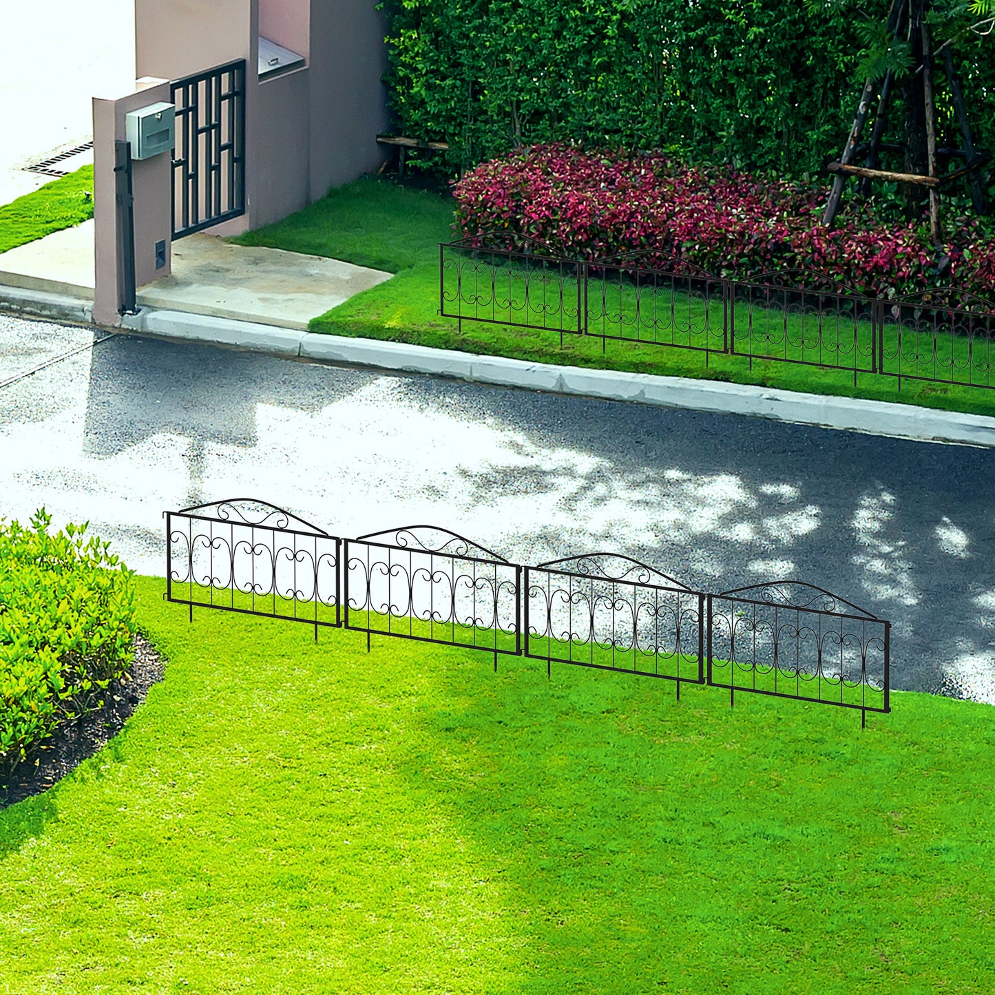 Outsunny 8 Piece Decorative Garden Picket Fence Panels Rustproof Metal Wire Border Edging for Flower Beds Black