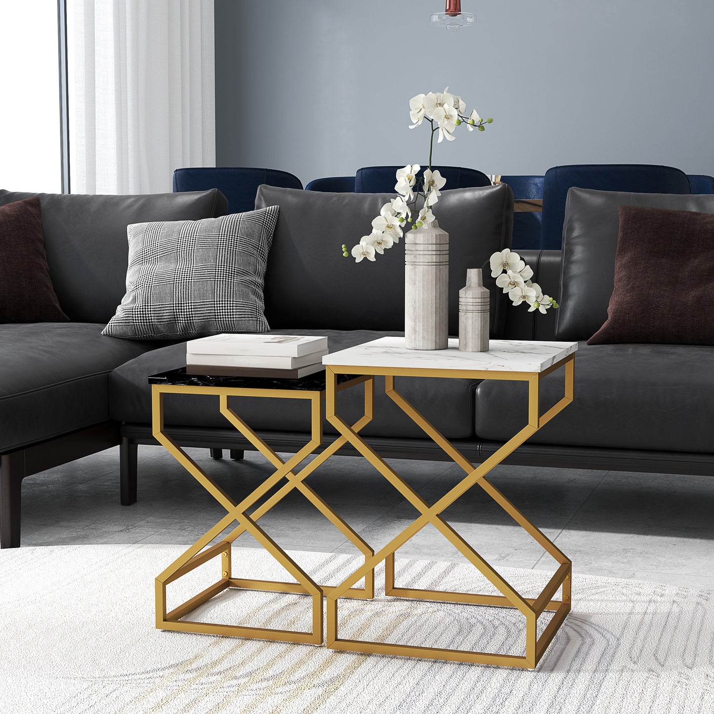 HOMCOM Marble Effect Nesting Tables Set Of Two With Gold Steel Legs For Space Saving