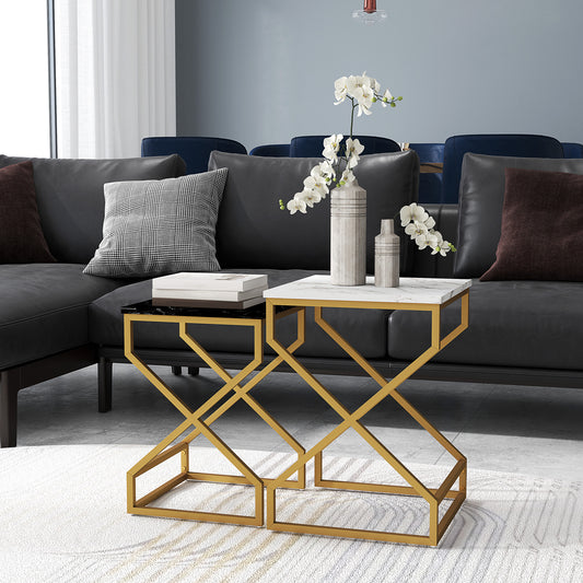 HOMCOM Marble Effect Nesting Tables Set Of Two With Gold Steel Legs For Space Saving