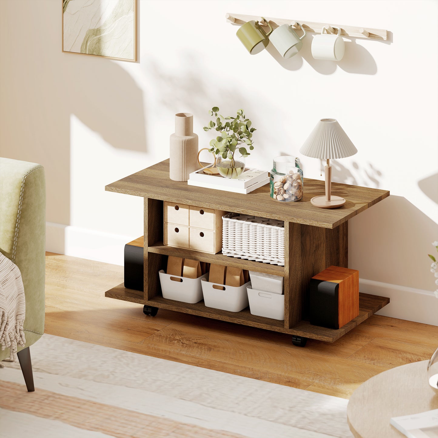 HOMCOM Modern TV Cabinet Stand With Storage Shelves Mobile Bookcase Walnut Casters