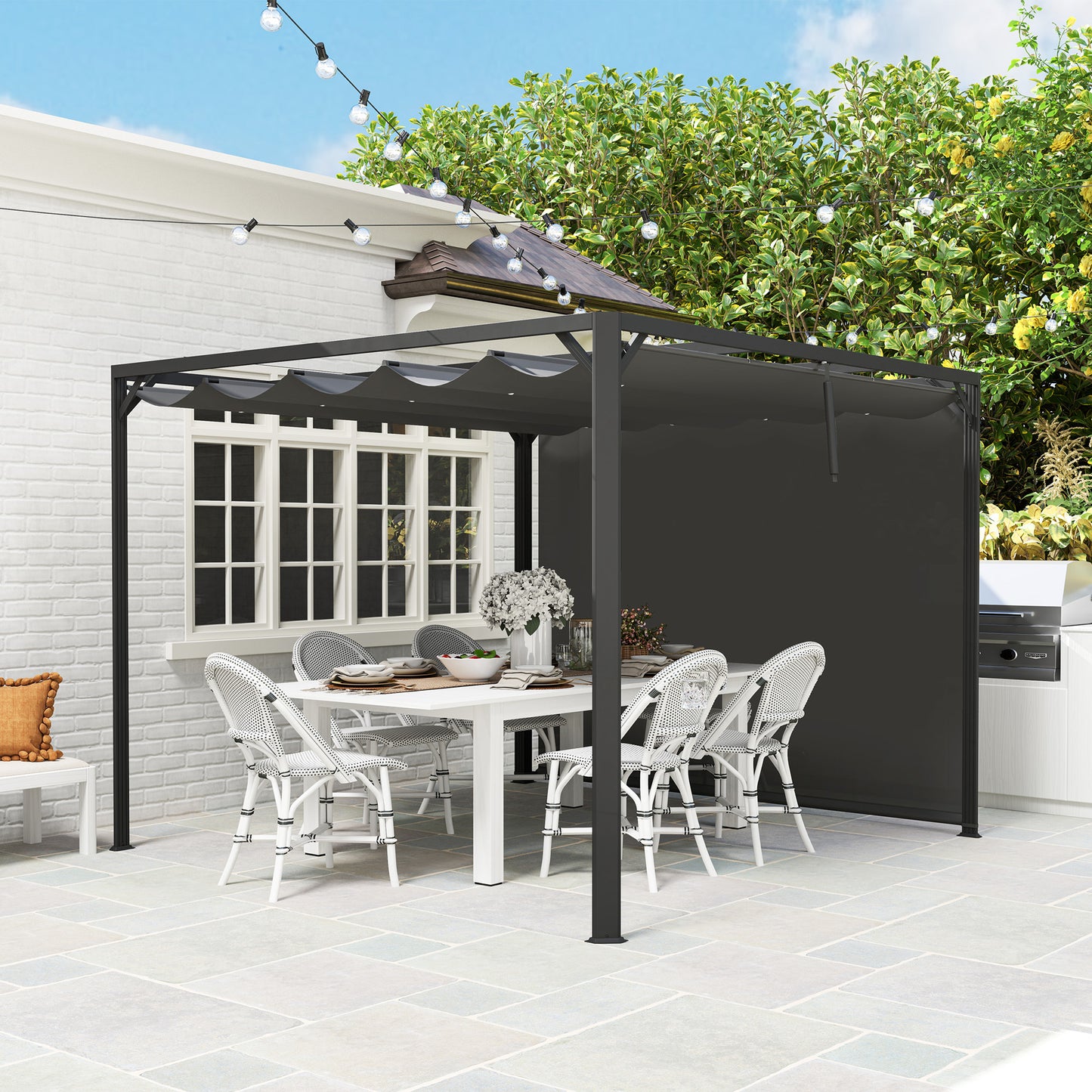 Outsunny 3x3m Aluminium Pergola With Retractable Roof And Wall For Outdoor Privacy Dark Grey