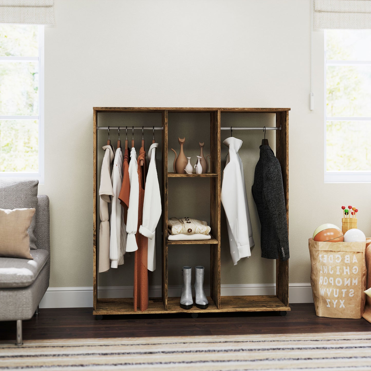 HOMCOM Open Wardrobe Double Mobile Storage Shelves Organizer With 6 Wheels Rustic Brown