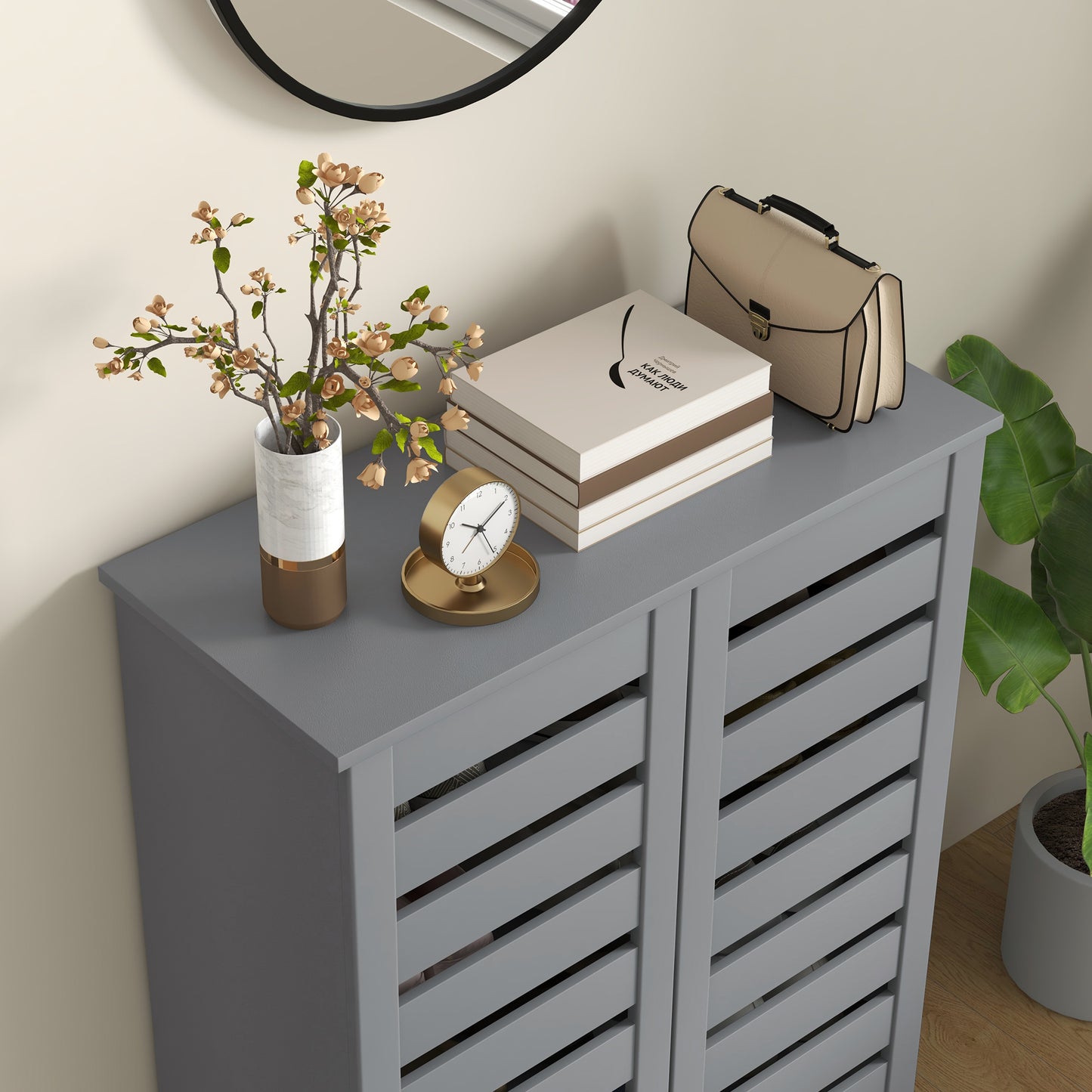 HOMCOM Narrow Shoe Cabinet for Entryway Five Tier Slim Shoe Storage with Two Slatted Doors and Adjustable Shelves Grey
