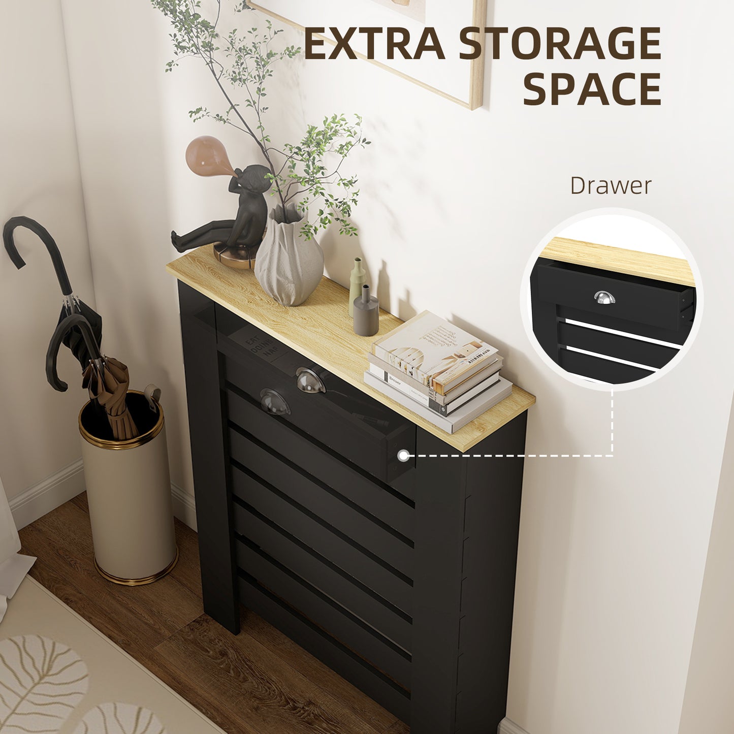 HOMCOM Black Radiator Cover With Drawer 95.5H x 78W cm Slim Slatted Cabinet Heat Shield