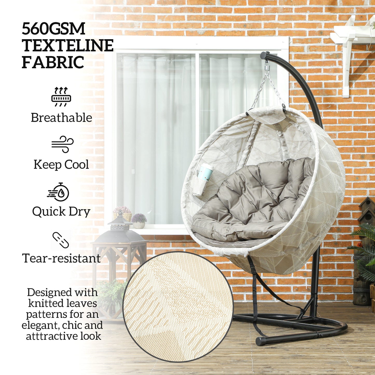Outsunny Hanging Egg Chair With Stand For Patio Garden Swing Thickened Cushion Cup Holder And Folding Basket Sand Brown