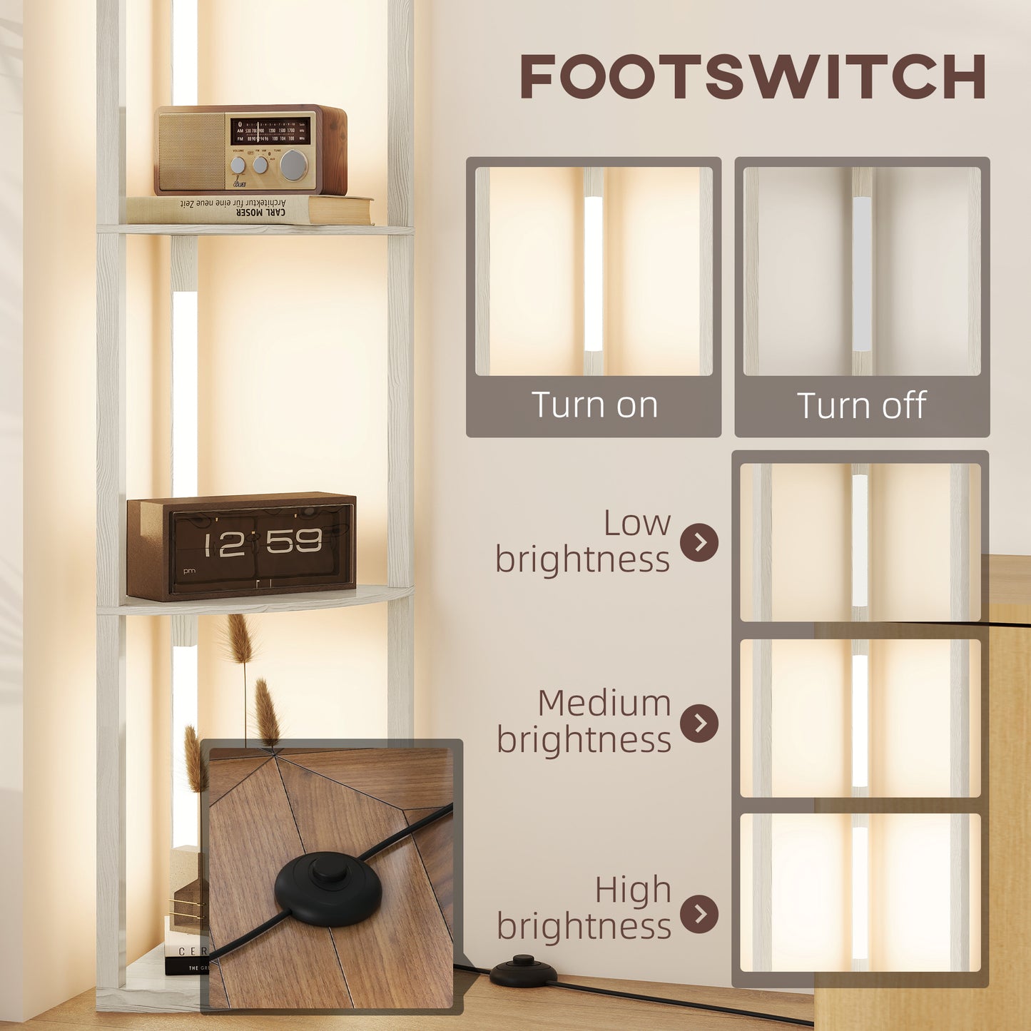 HOMCOM 4 Tier Corner Floor Lamp With Three Level Adjustable Brightness And 3000K LED Backlight 163.5cm Tall