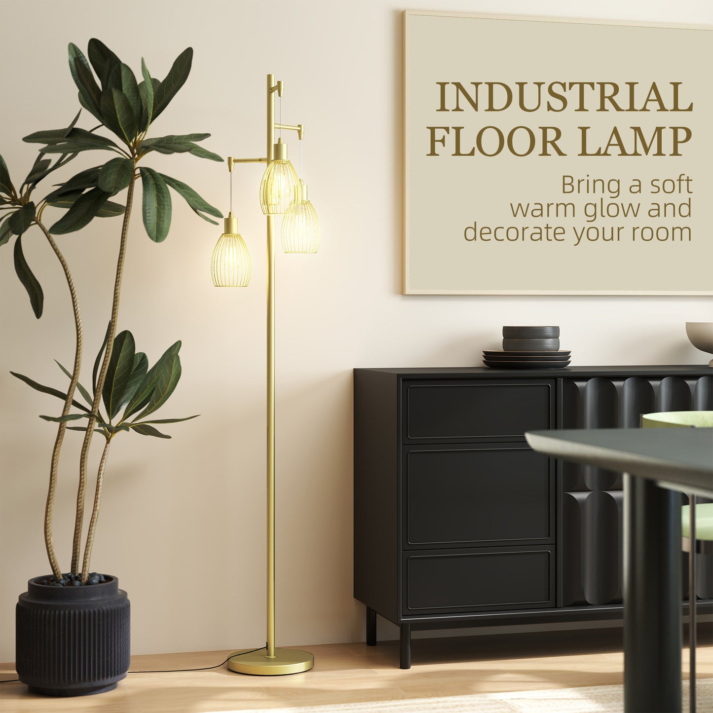 HOMCOM Three Light Floor Lamp 170cm Living Room Dimmable Standing Lamp With Steel Wire Cage Lampshades Gold Tone