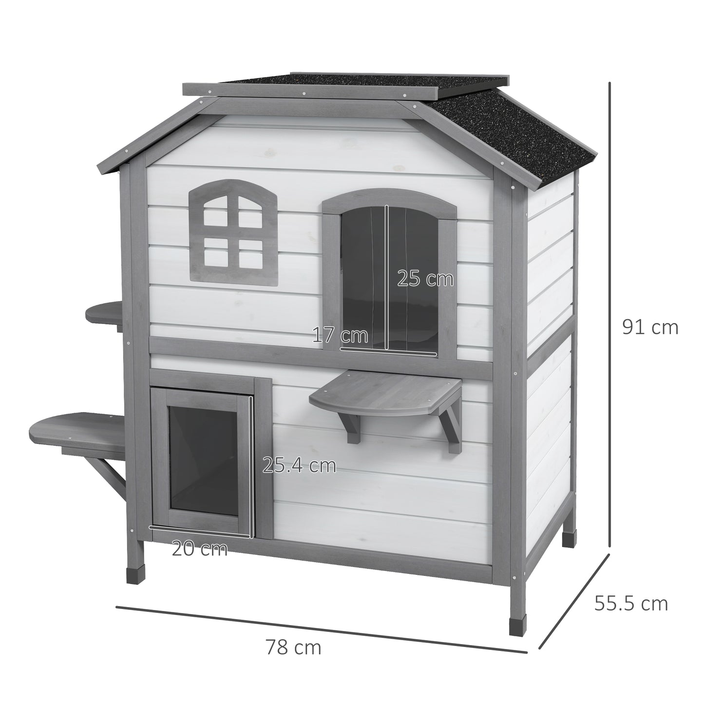 PawHut Two-Tiered Wooden Cat House with Escape Door - Weatherproof & Easy-Clean Design, White - ALL4U RETAILER LTD