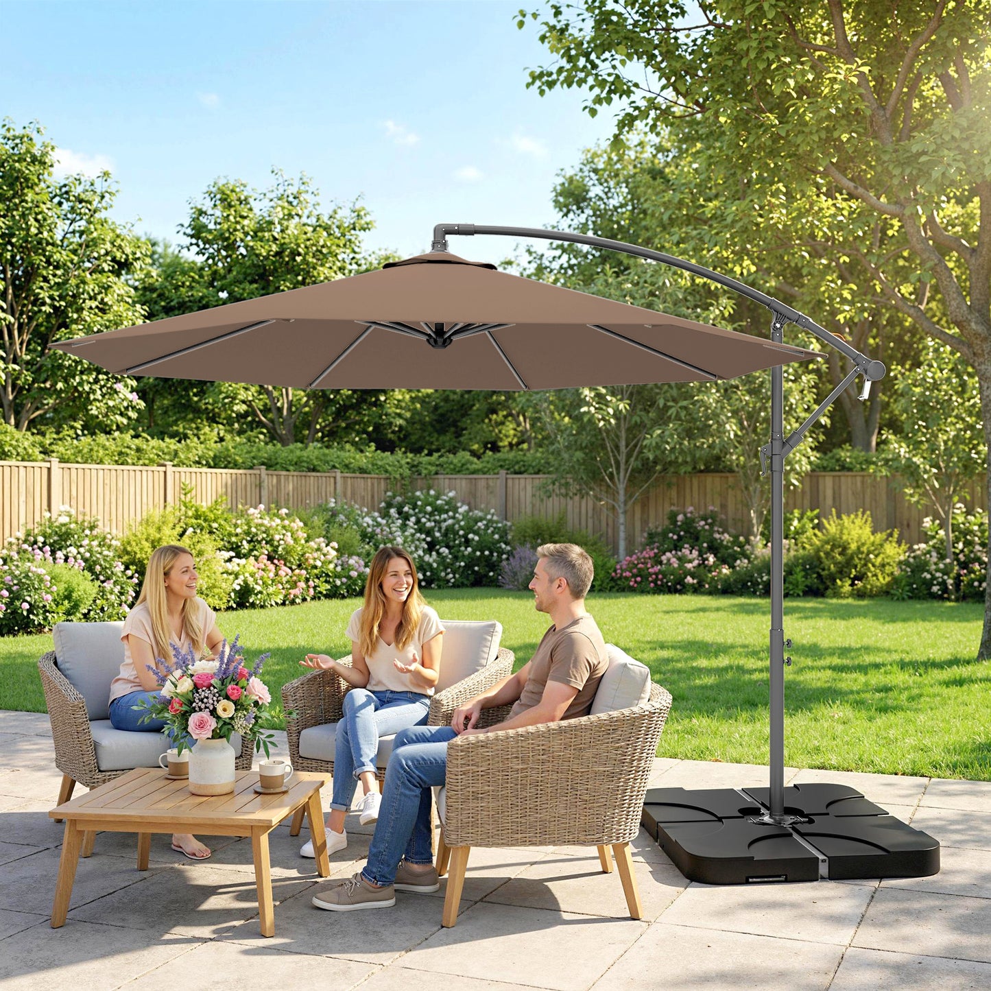 Outsunny 3m Overhanging Cantilever Parasol With Base Weights And Cover Coffee Shade