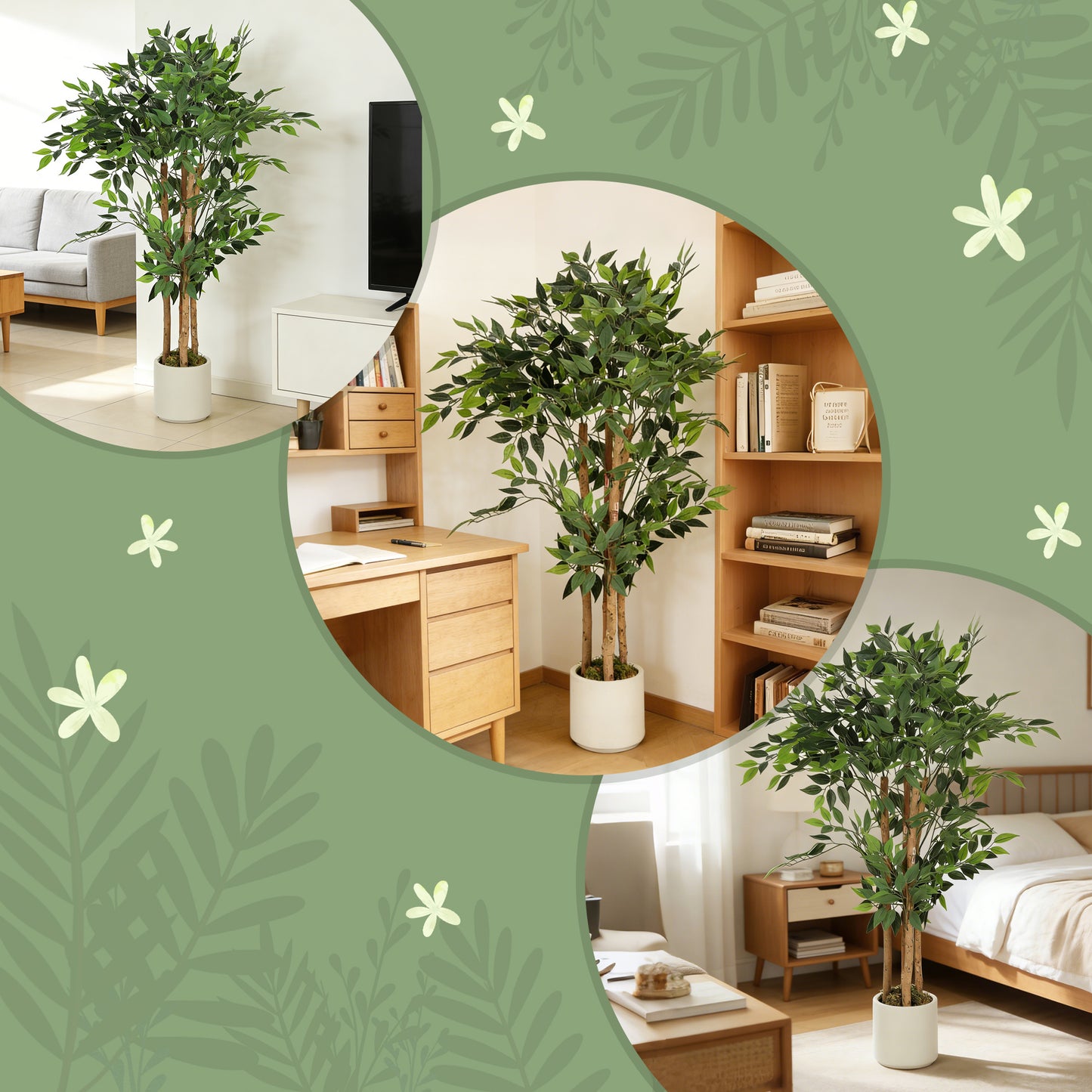 HOMCOM 120cm Artificial Ficus Tree With Solid Wood Trunk And Potted White Pot For Indoor Use Real Touch PEVA Leaves Green