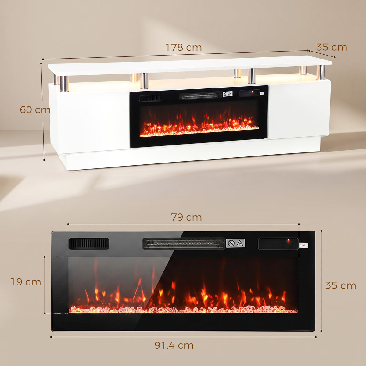 White electric fireplace TV stand with flame insert, front control area, size guide