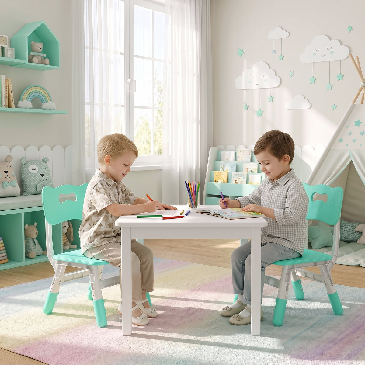 Set of 2 adjustable kids chairs with mint seats and backrests for reading at a table