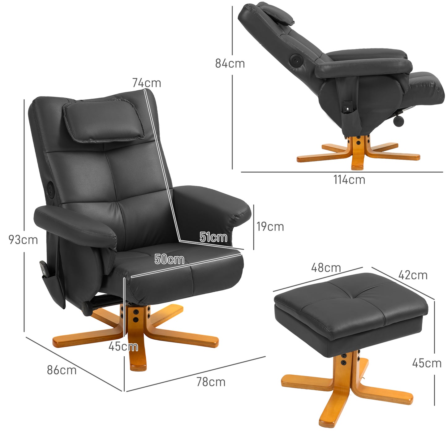 HOMCOM Faux Leather Massage Recliner Chair With Six Point Massage And Storage Ottoman And Footstool Black
