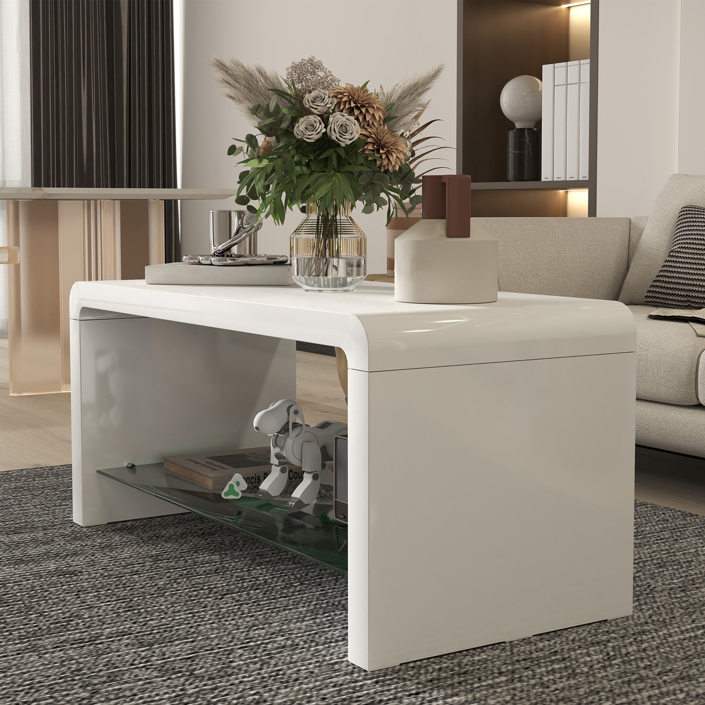 HOMCOM Curved Two Tier Coffee Table With High Gloss White Finish And Two Storage Levels