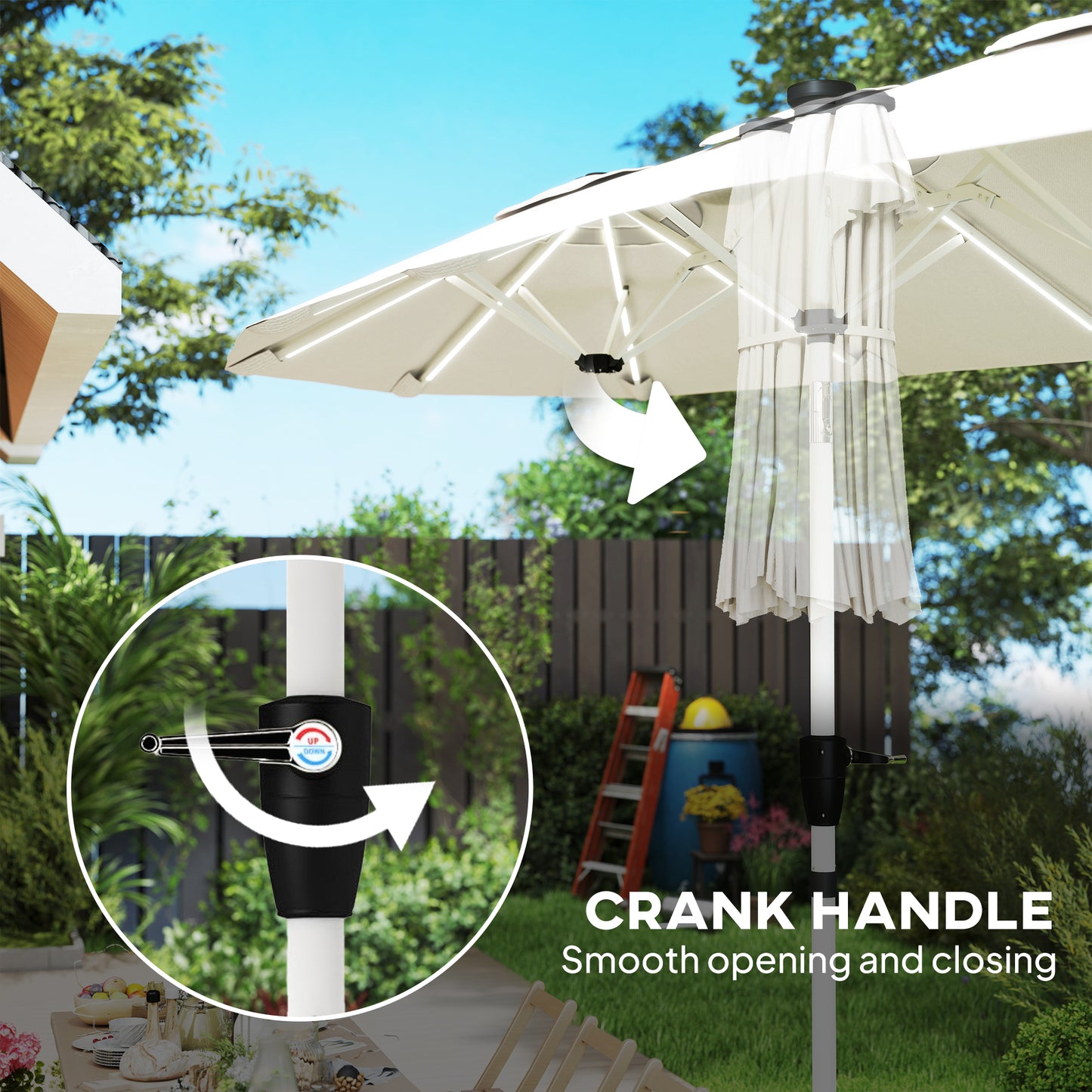 Outsunny 3m Double Sided Garden Parasol With Led Solar Lights Cream White Outdoor Sun Umbrella With Crank