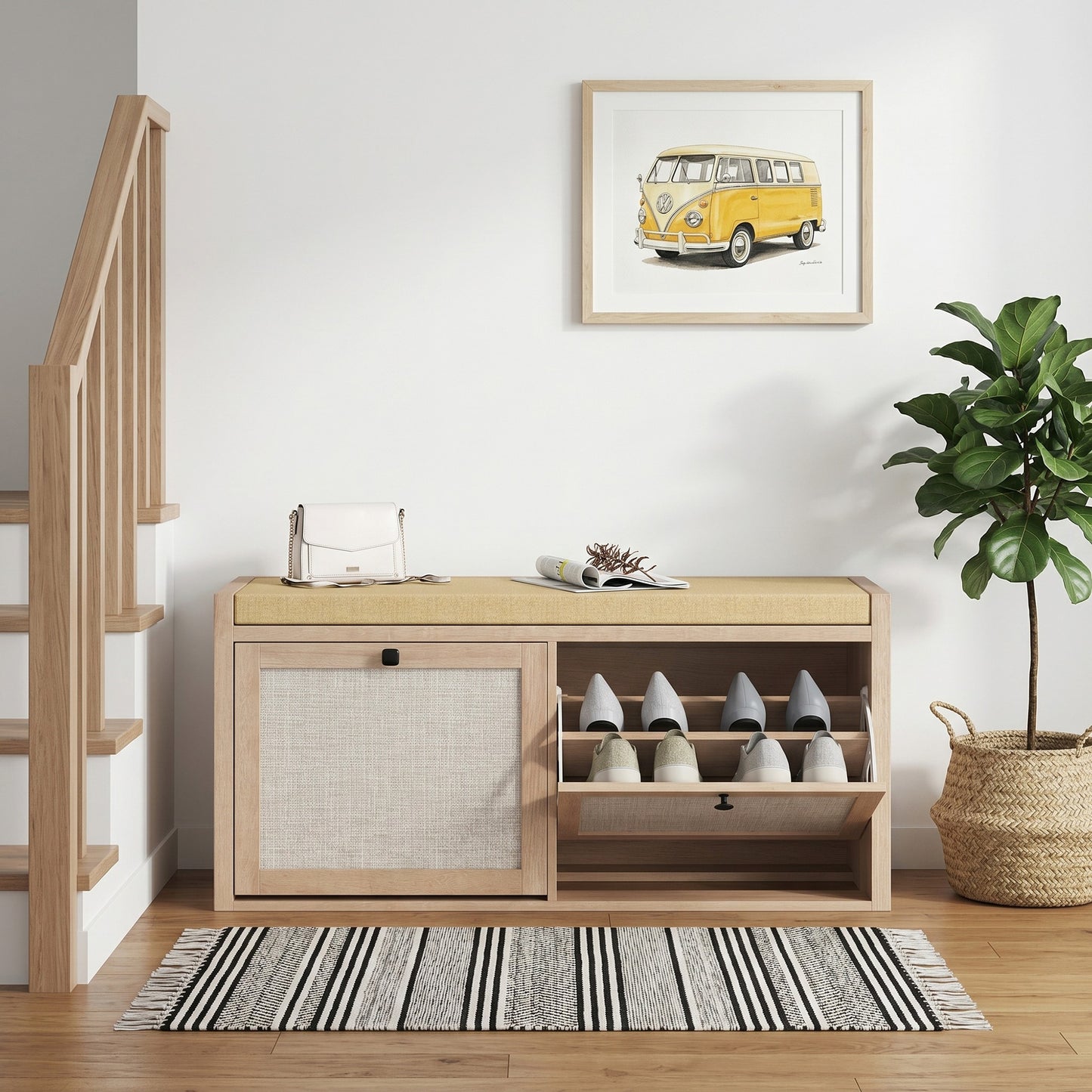 HOMCOM Rattan Shoe Bench With Padded Cushion And Hidden Storage Cabinets For Hallway In Oak Wood Effect