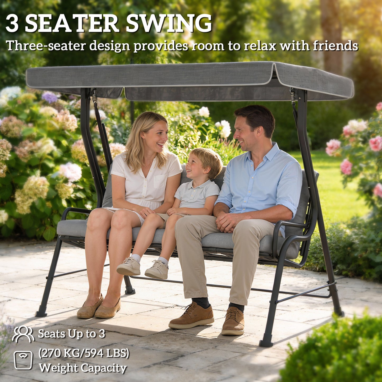 Outsunny 3 Seater Garden Swing Chair With Adjustable Waterproof Canopy Outdoor Patio Furniture Light Grey