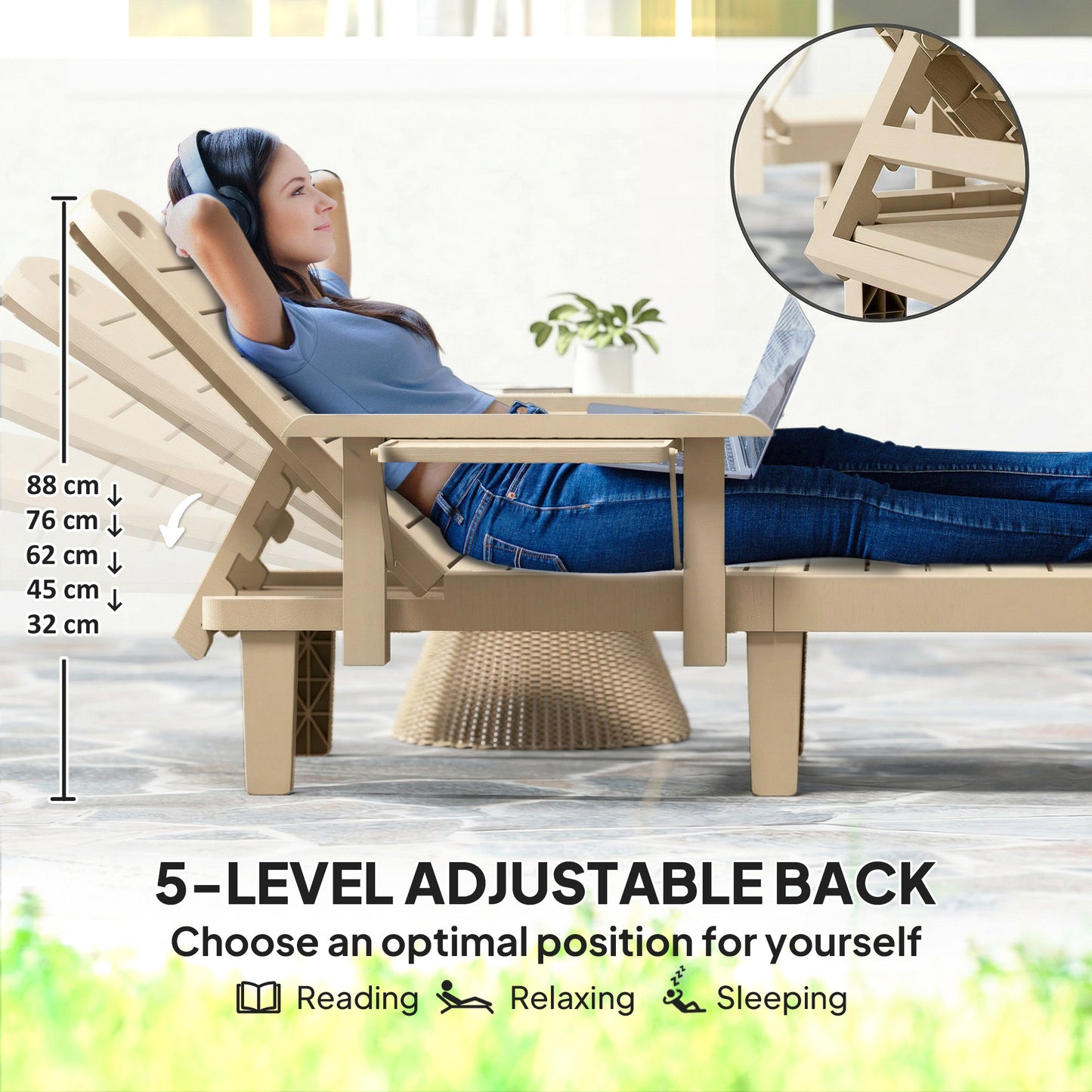 Outsunny Set Of 2 Reclining Sun Loungers 5 Position Adjustable Outdoor Chaise Lounge Chair With Armrests Khaki