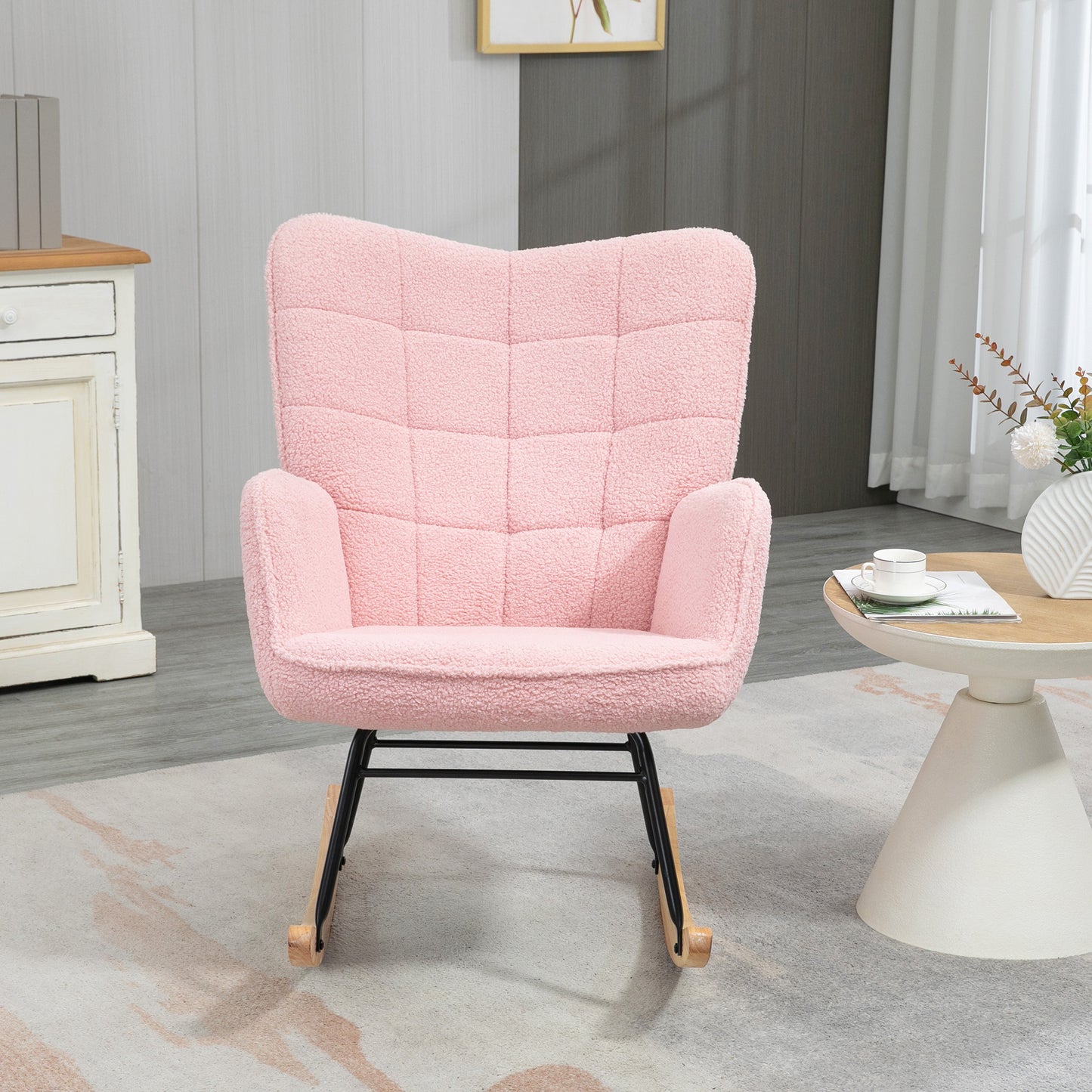 HOMCOM Soft Fleecey Rocking Wingback Chair Pink Large Plush Comfort With High Back And Armrests