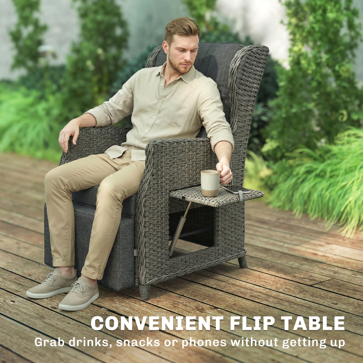 Outsunny Rattan Garden Recliner Chair With Adjustable Back And Footrest Flip Table Cushion Dark Grey